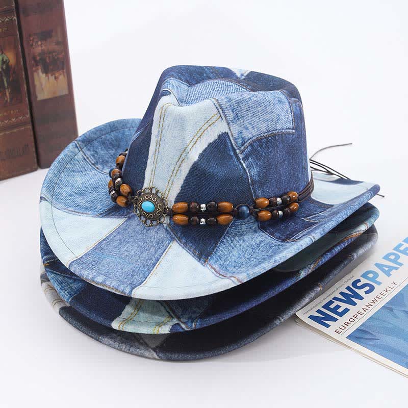 Chapeau de cowboy en denim à motif color-block et perles en bois