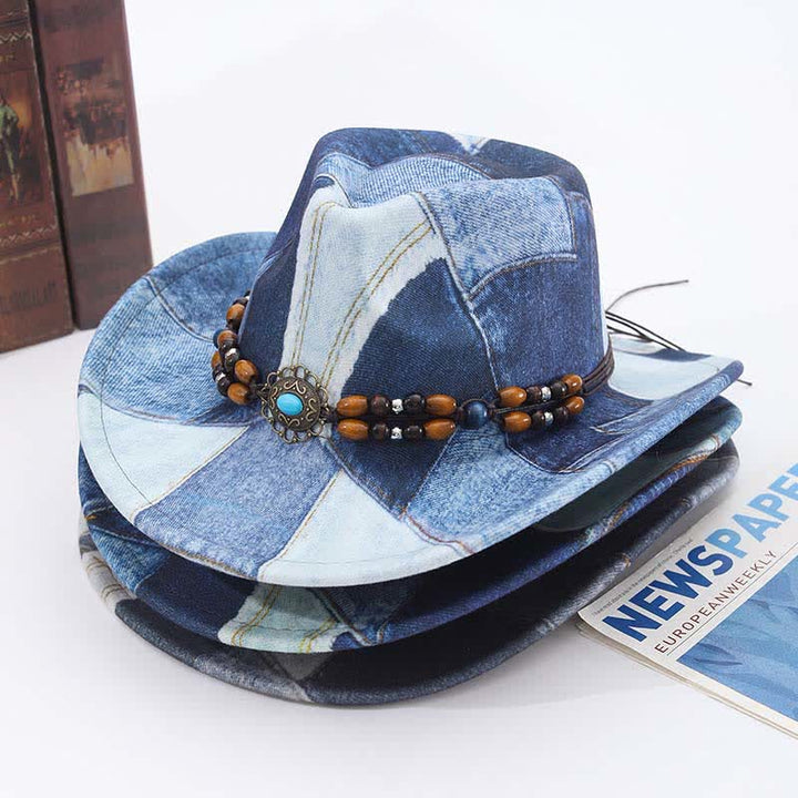 Chapeau de cowboy en denim à motif color-block et perles en bois