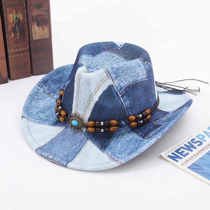 Chapeau de cowboy en denim à motif color-block et perles en bois