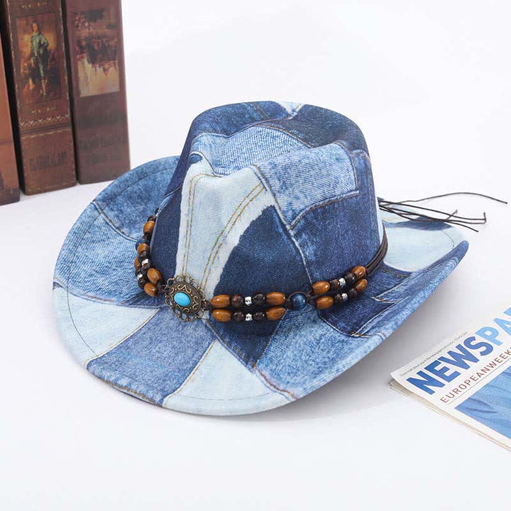 Chapeau de cowboy en denim à motif color-block et perles en bois