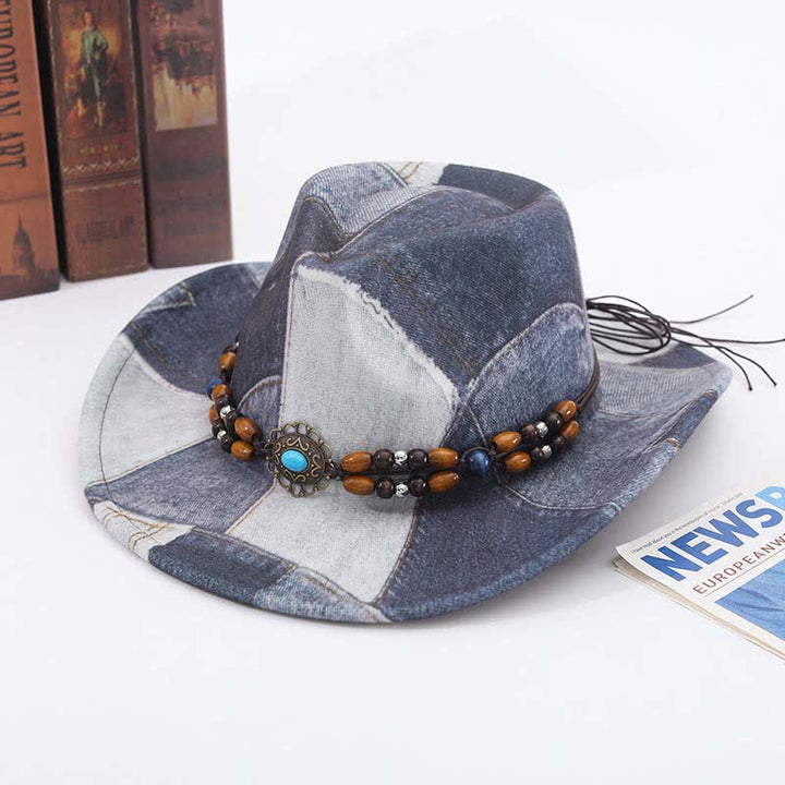 Chapeau de cowboy en denim à motif color-block et perles en bois