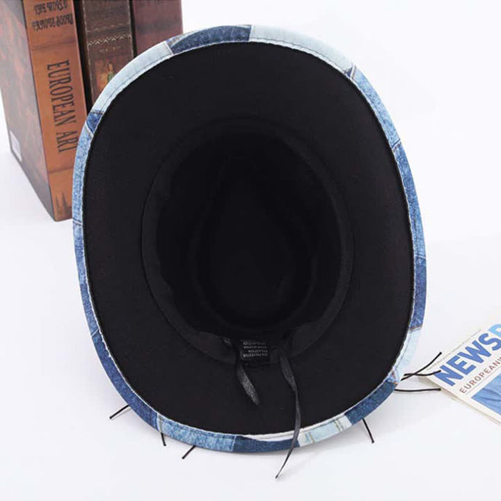 Chapeau de cowboy en denim à motif color-block et perles en bois