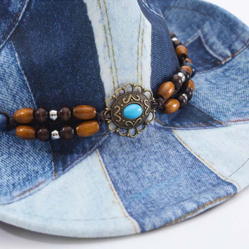 Chapeau de cowboy en denim à motif color-block et perles en bois