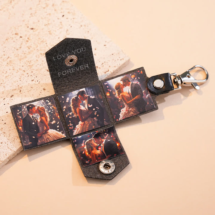 Porte-clés en cuir noir personnalisé avec 4 photos et texte gravé