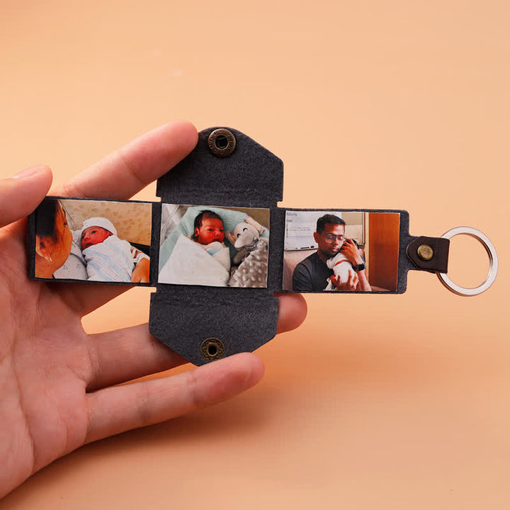 Porte-clés en cuir marron personnalisé avec 3 photos et texte gravé