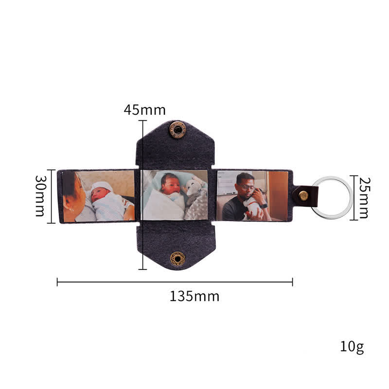 Porte-clés en cuir marron personnalisé avec 3 photos et texte gravé