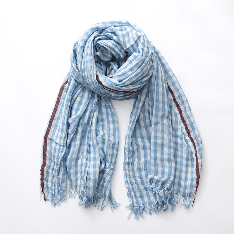 Écharpe fine en coton et lin à carreaux et pompons - Bleu ciel - image 0