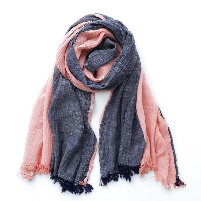 Écharpe fine en coton et lin bicolore assortie - Bleu marine et rose - image 0