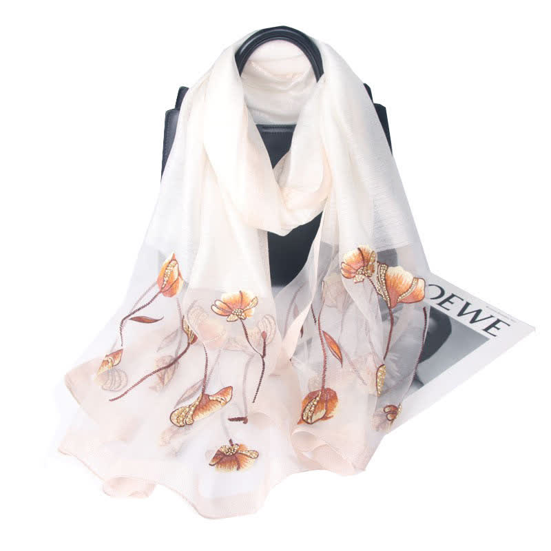 Écharpe en laine et soie à fleurs brodées à la main pour femme - Blanc - image 11