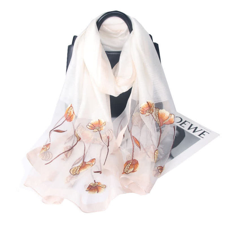 Écharpe en laine et soie à fleurs brodées à la main pour femme - Blanc - image 11