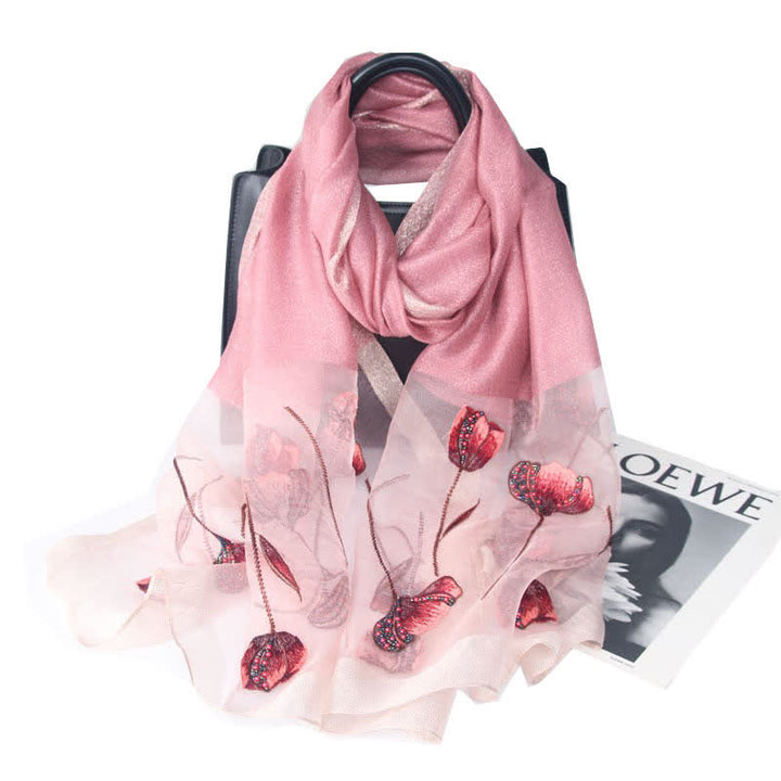 Écharpe en laine et soie à fleurs brodées à la main pour femme - Rose - image 10
