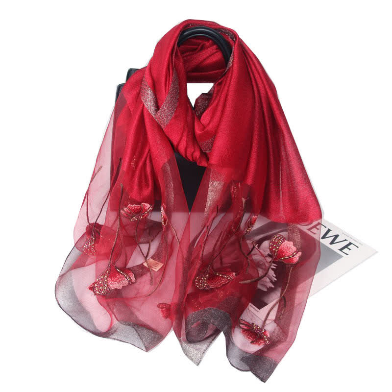 Écharpe en laine et soie à fleurs brodées à la main pour femme - Rouge foncé - image 13