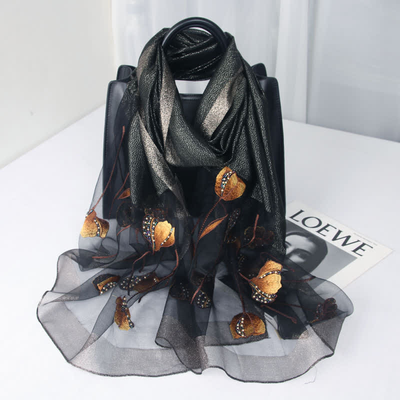 Écharpe en laine et soie à fleurs brodées à la main pour femme - Noir - image 8