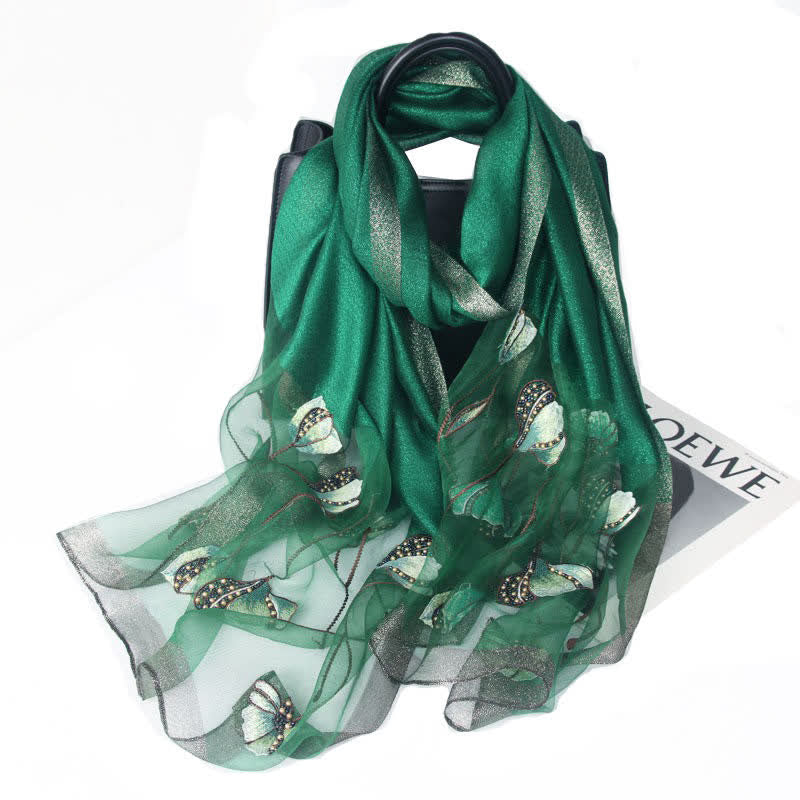 Écharpe en laine et soie à fleurs brodées à la main pour femme - Vert - image 5