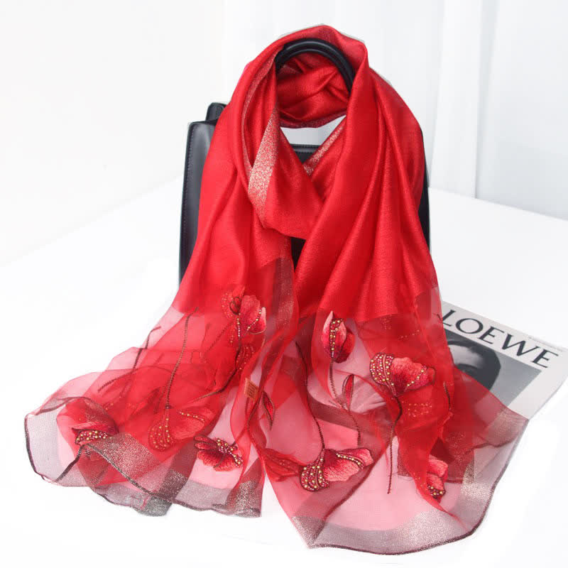 Écharpe en laine et soie à fleurs brodées à la main pour femme - Rouge - image 7