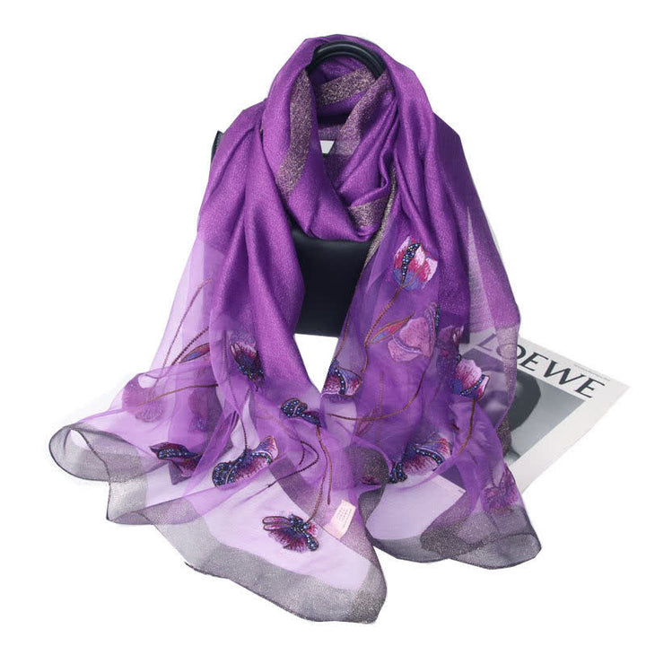 Écharpe en laine et soie à fleurs brodées à la main pour femme - Violet foncé - image 12