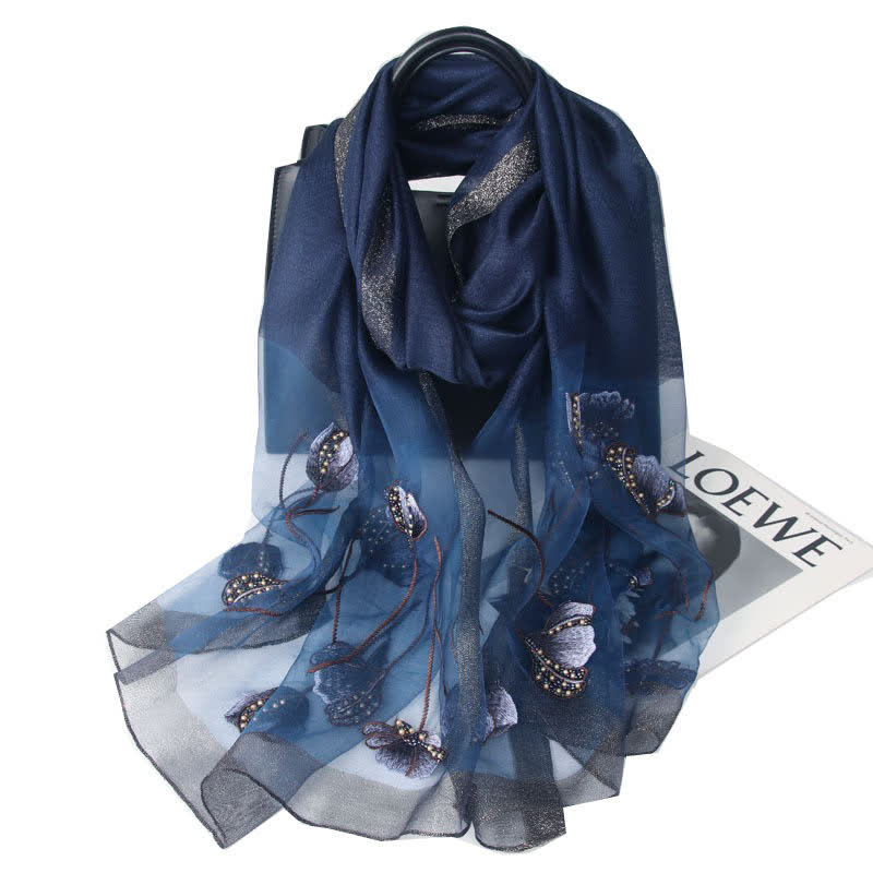 Écharpe en laine et soie à fleurs brodées à la main pour femme - Marine - image 3