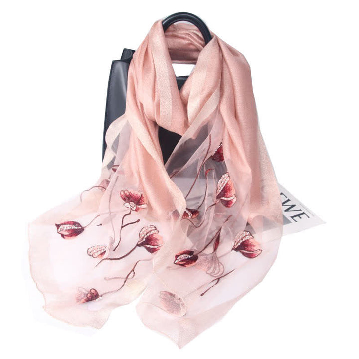 Écharpe en laine et soie à fleurs brodées à la main pour femme - Rose clair - image 6