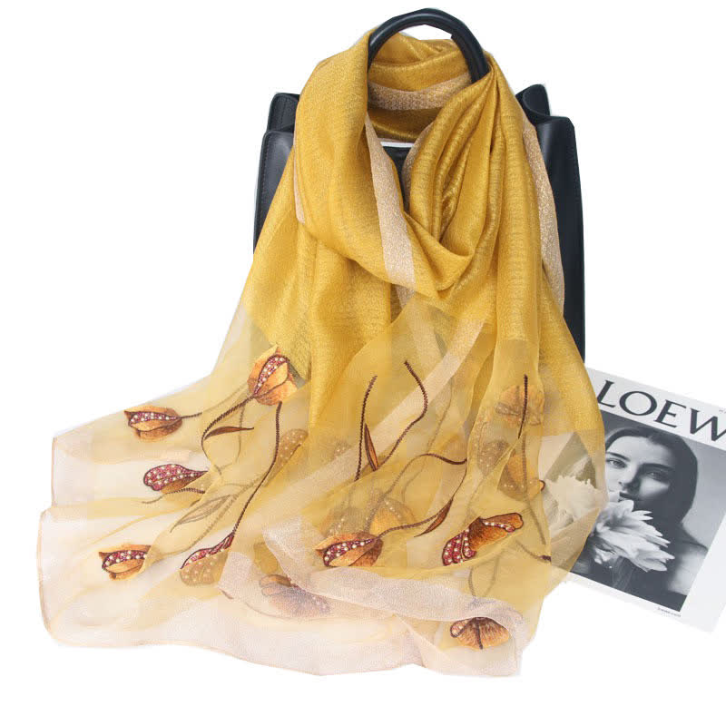 Écharpe en laine et soie à fleurs brodées à la main pour femme - Jaune - image 9