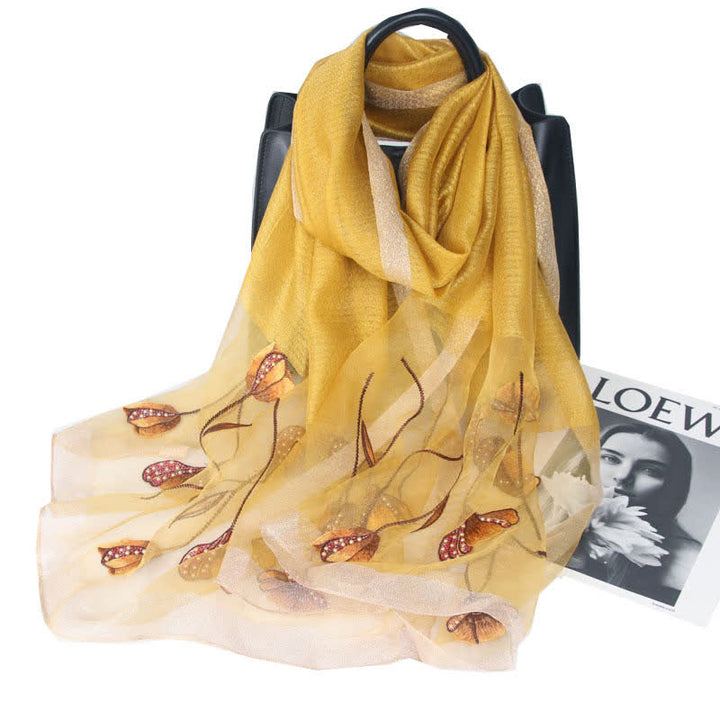 Écharpe en laine et soie à fleurs brodées à la main pour femme - Jaune - image 9