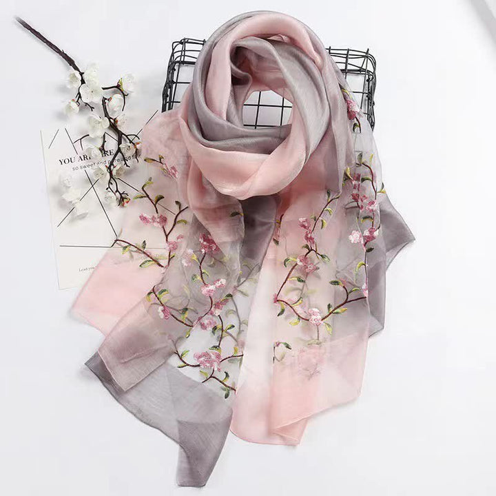 Écharpe en laine et soie bicolore brodée à la main pour femme, motif floral végétal