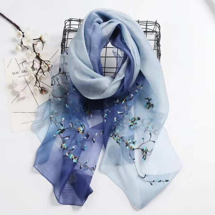 Écharpe en laine et soie bicolore brodée à la main pour femme, motif floral végétal