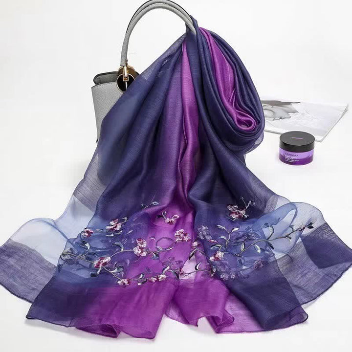 Écharpe en laine et soie bicolore brodée à la main pour femme, motif floral végétal