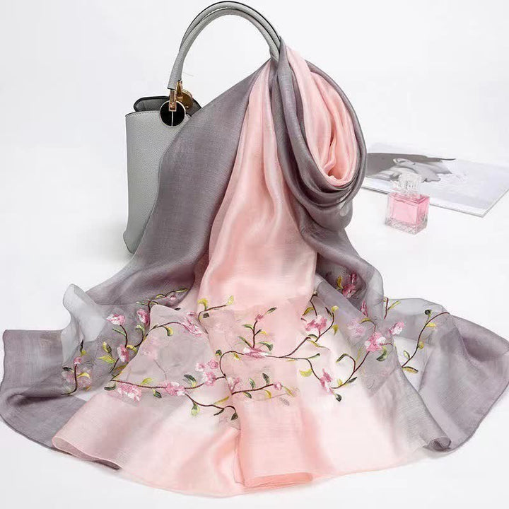 Écharpe en laine et soie bicolore brodée à la main pour femme, motif floral végétal