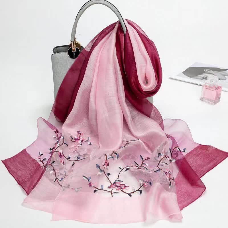 Écharpe en laine et soie bicolore brodée à la main pour femme, motif floral végétal