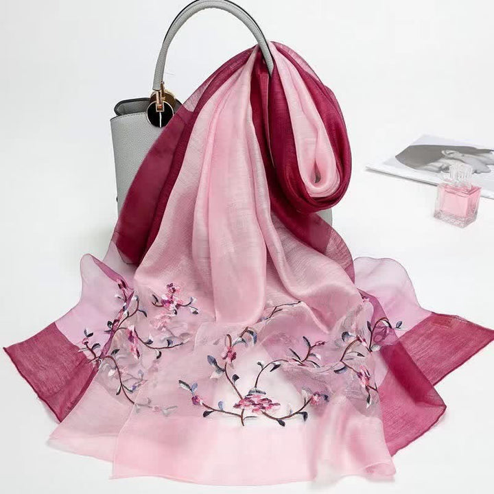 Écharpe en laine et soie bicolore brodée à la main pour femme, motif floral végétal