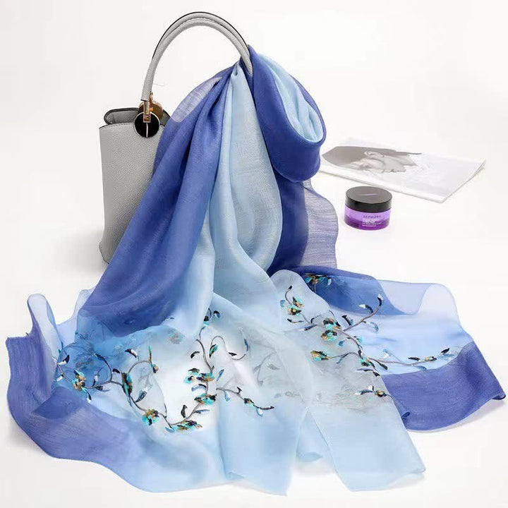Écharpe en laine et soie bicolore brodée à la main pour femme, motif floral végétal