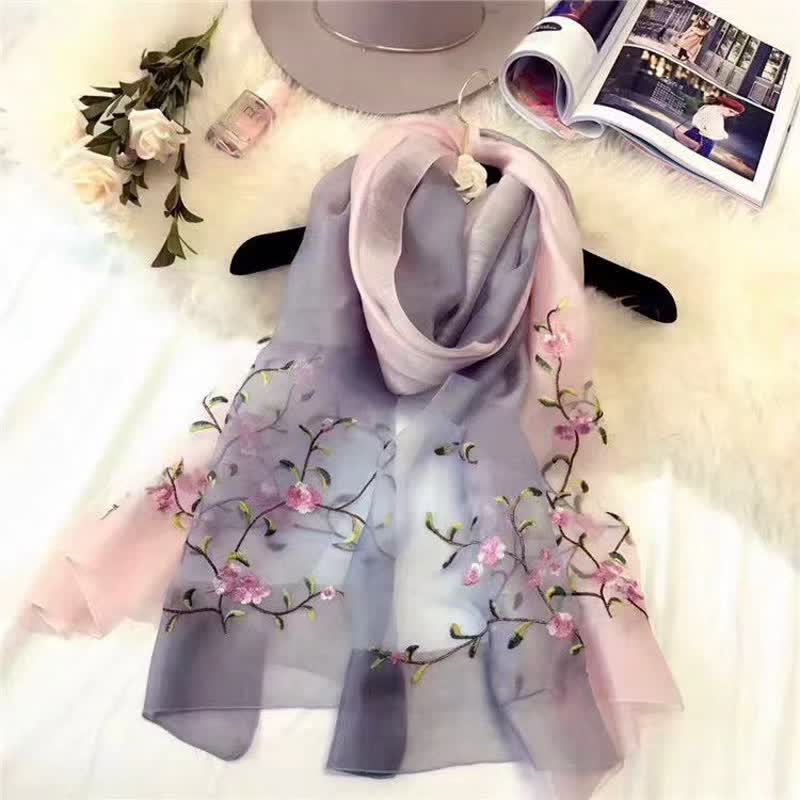 Écharpe en laine et soie bicolore brodée à la main pour femme, motif floral végétal