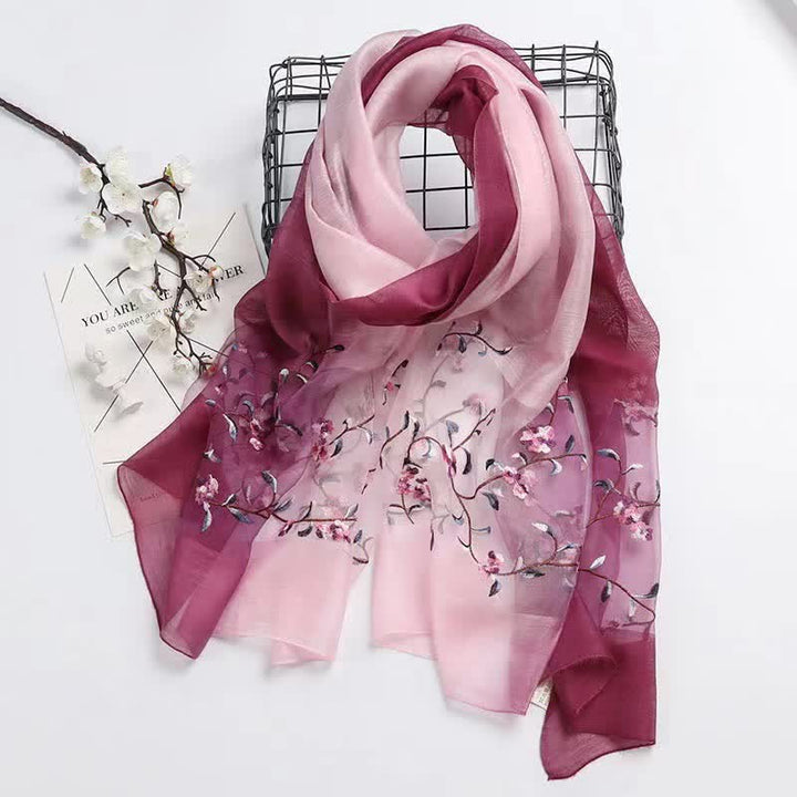 Écharpe en laine et soie bicolore brodée à la main pour femme, motif floral végétal