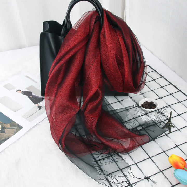 Foulard en organza de soie à double épaisseur et pompons scintillants pour femme