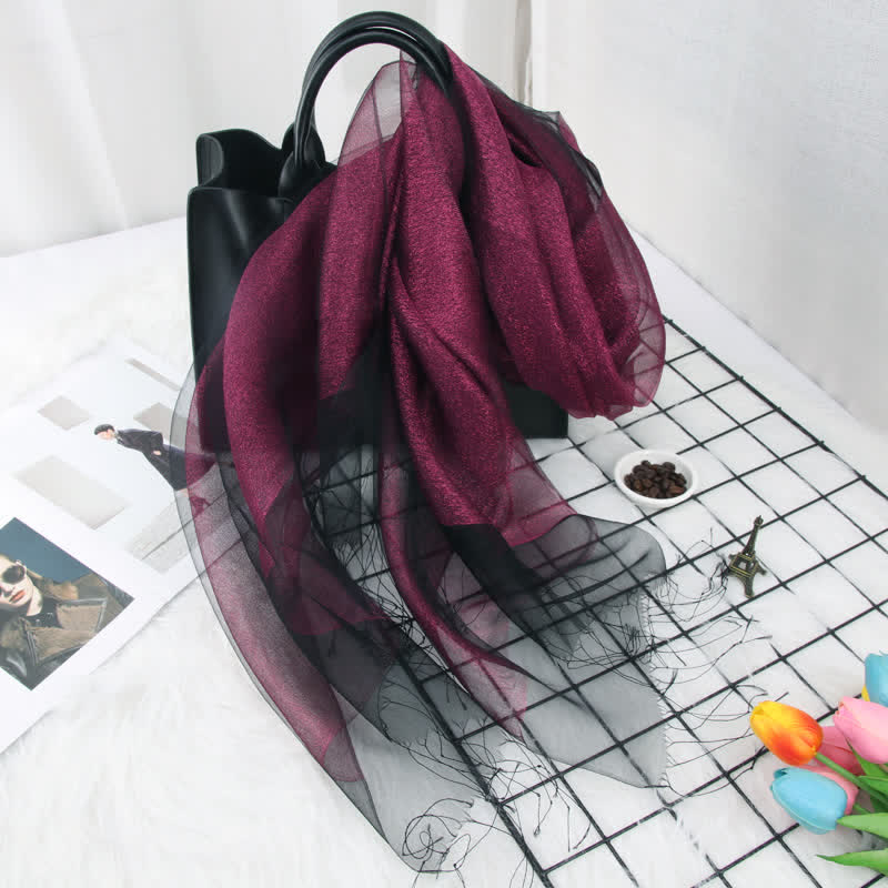 Foulard en organza de soie à double épaisseur et pompons scintillants pour femme - MoyenVioletRouge - image 4
