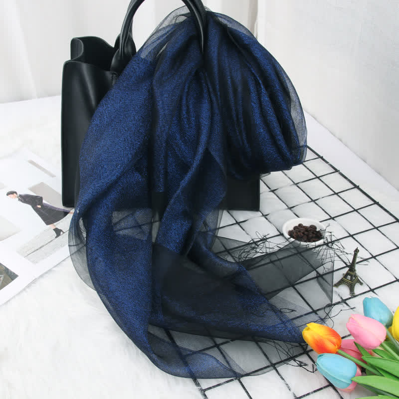 Foulard en organza de soie à double épaisseur et pompons scintillants pour femme - Marine - image 9
