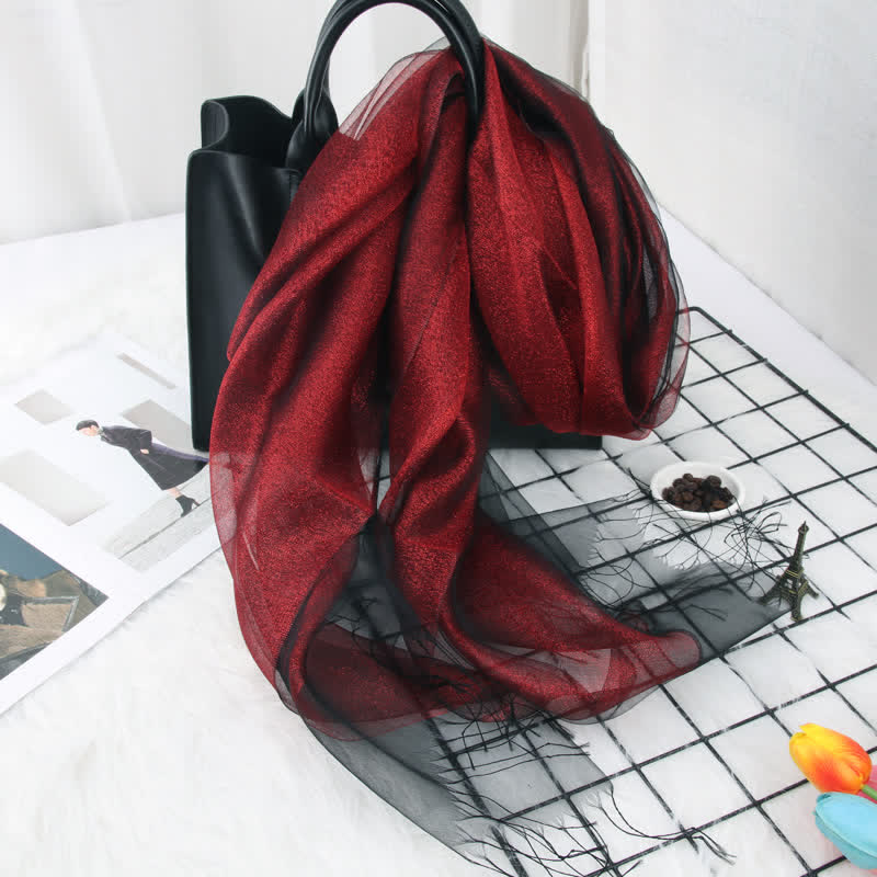 Foulard en organza de soie à double épaisseur et pompons scintillants pour femme - Bourgogne - image 0