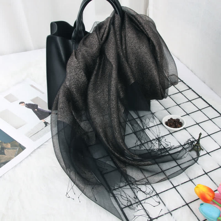 Foulard en organza de soie à double épaisseur et pompons scintillants pour femme - Noir - image 7