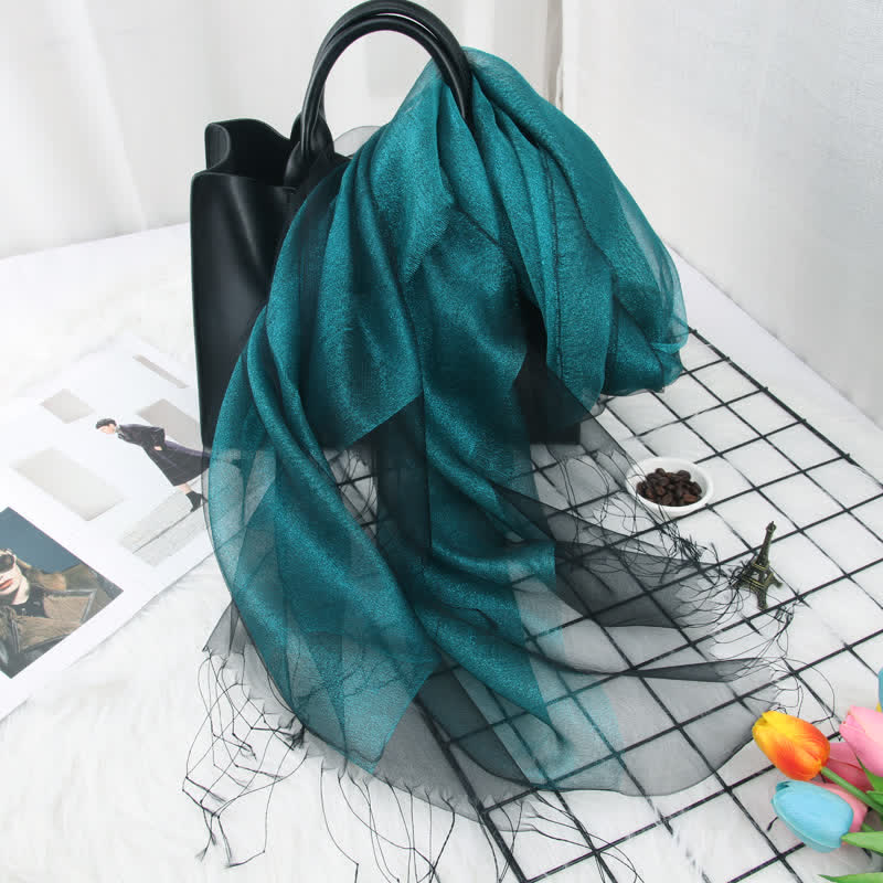 Foulard en organza de soie à double épaisseur et pompons scintillants pour femme - Cyan foncé - image 5