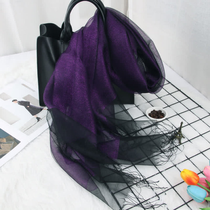 Foulard en organza de soie à double épaisseur et pompons scintillants pour femme - Violet - image 8
