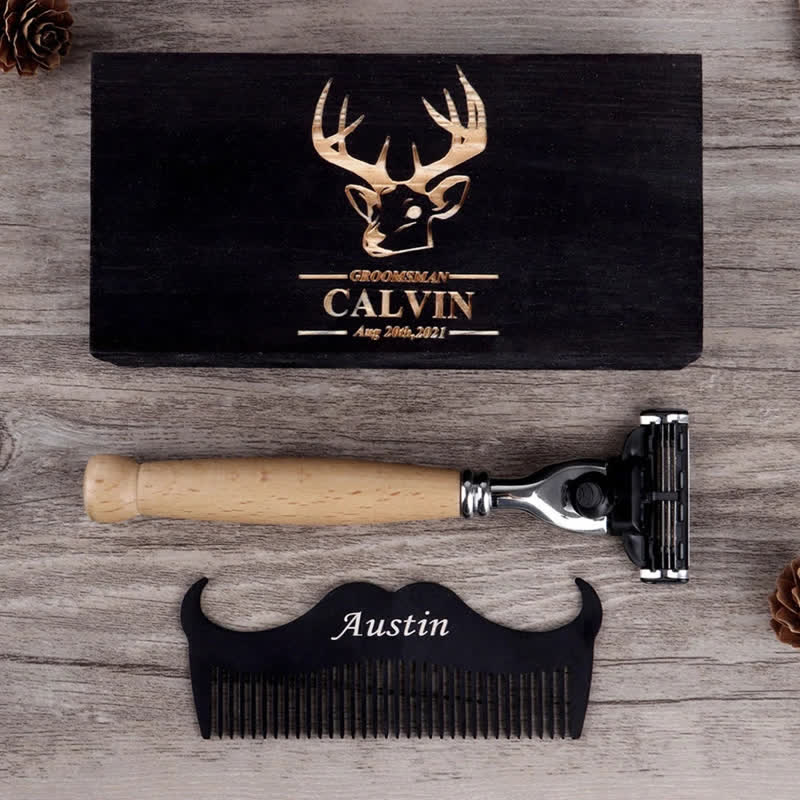 Coffret de 3 rasoirs personnalisés avec nom pour garçons d'honneur, avec boîte en bois - 3 pièces - image 1