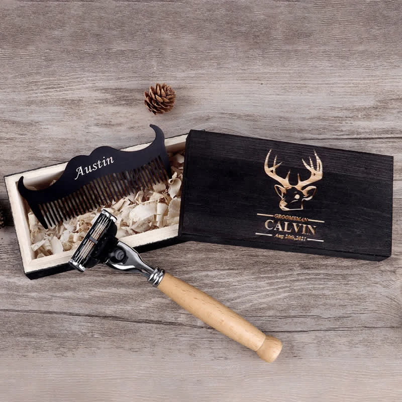 Coffret de 3 rasoirs personnalisés avec nom pour garçons d'honneur, avec boîte en bois - image 2