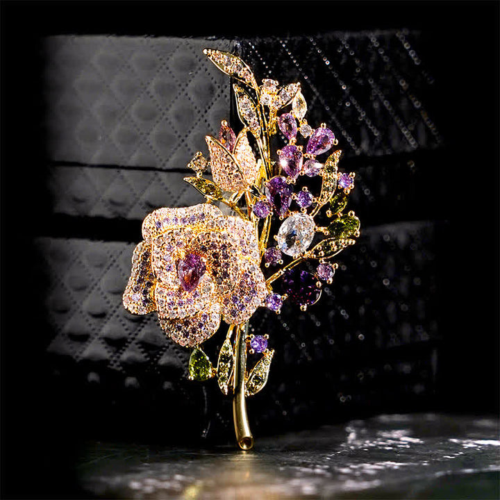 Broche en zircon pour femme avec bouquet de roses