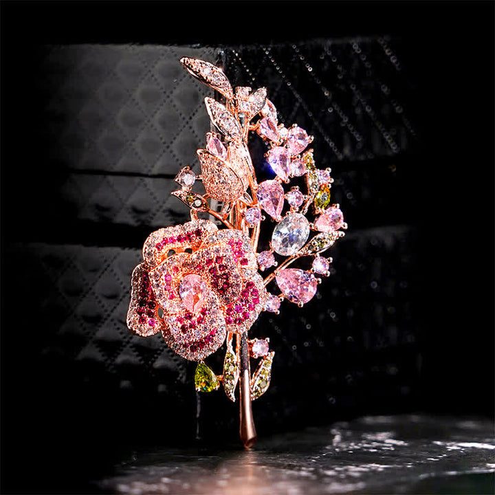 Broche en zircon pour femme avec bouquet de roses