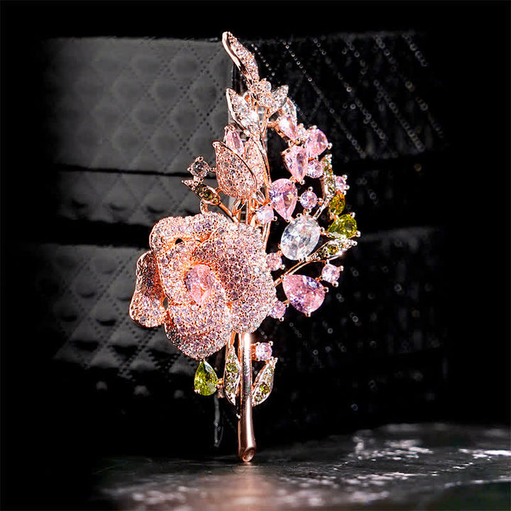 Broche en zircon pour femme avec bouquet de roses