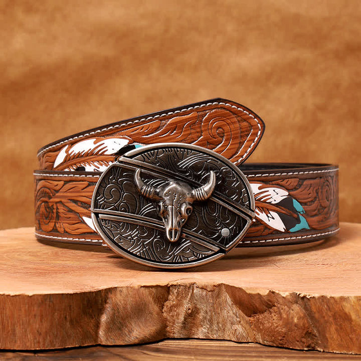 Ceinture en cuir pour homme avec couteau pliant caché en forme de taureau Longhorn
