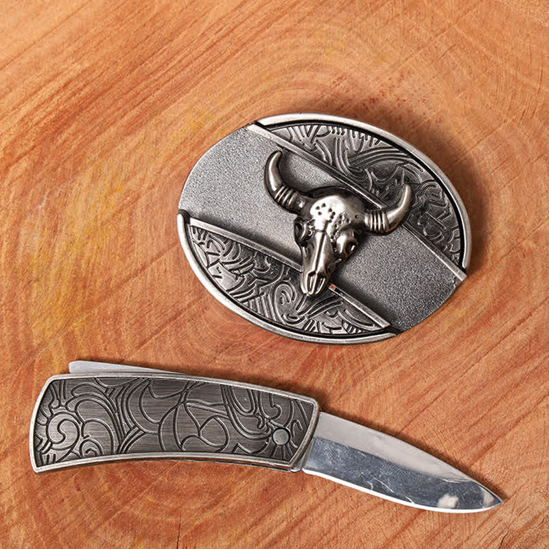 Ceinture en cuir pour homme avec couteau pliant caché en forme de taureau Longhorn