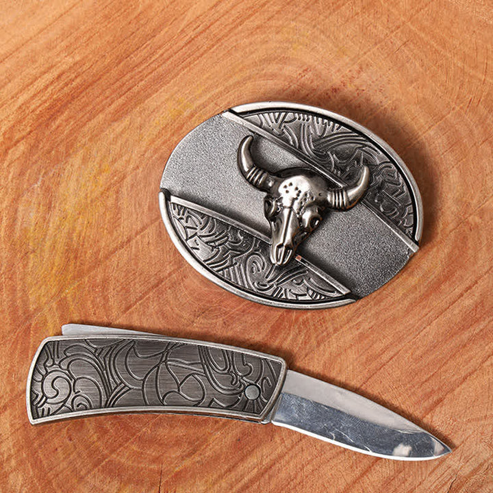 Ceinture en cuir pour homme avec couteau pliant caché en forme de taureau Longhorn
