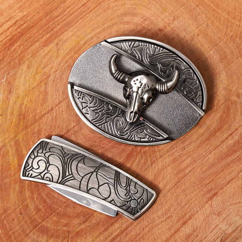Ceinture en cuir pour homme avec couteau pliant caché en forme de taureau Longhorn