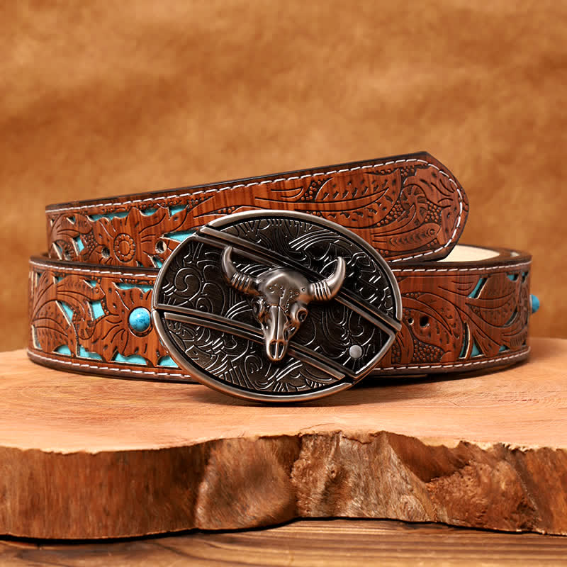 Ceinture en cuir pour homme avec couteau pliant caché en forme de taureau Longhorn